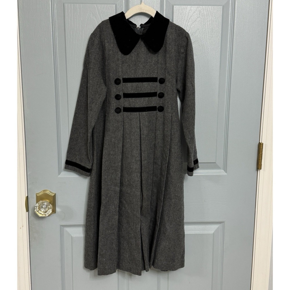 Sylvia Whyte Vintage Girls Gray Wool Blend Dress Pleated w Black Velvet Trim 10